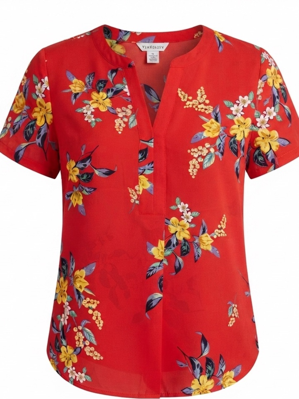 Van Heusen Red Yellow Floral V-Neck Womens Top Size Small